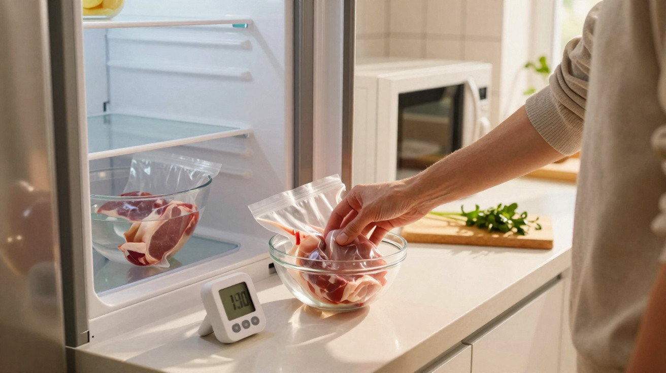 Pessoa a guardar carne num saco plástico dentro de uma tigela, junto ao frigorífico aberto e termómetro digital.