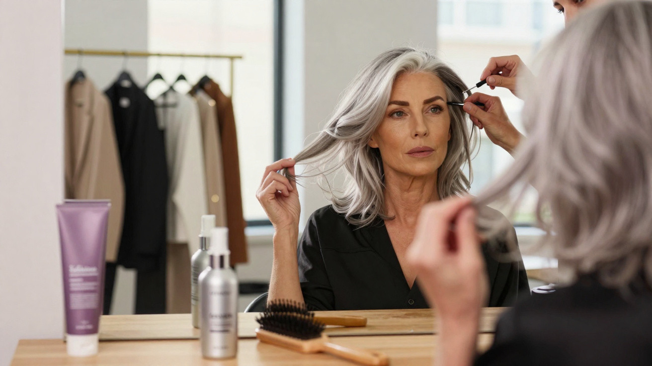 Mulher madura com cabelo cinza a aplicar máscara de pestanas num espelho, com escova e produtos à frente.
