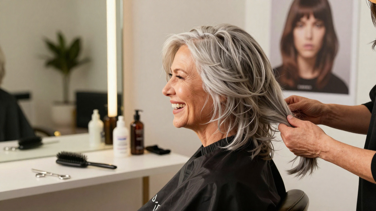 Mulher sorridente com cabelo grisalho sentado no salão de cabeleireiro enquanto estilista penteia o seu cabelo.