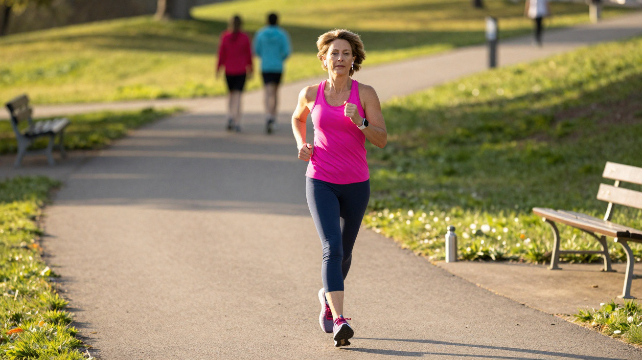 Mulher a correr num parque urbano em roupa desportiva cor-de-rosa e calças azul escuras.