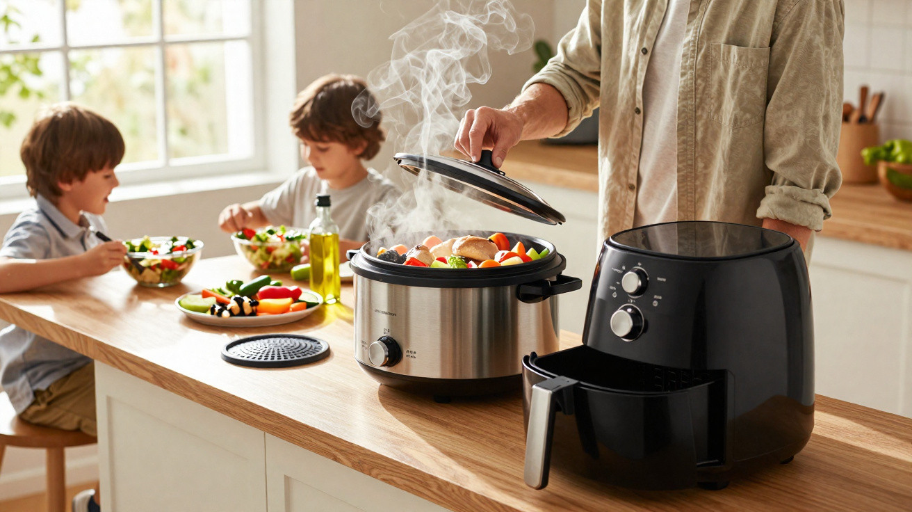 Pessoa a levantar tampa de panela elétrica com legumes a vapor, enquanto duas crianças comem salada numa cozinha moderna.
