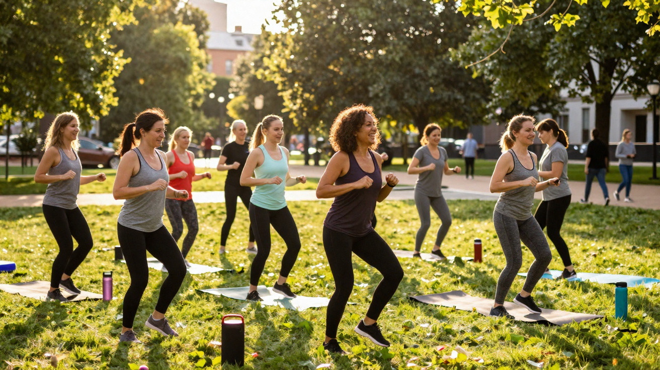 Grupo de mulheres a praticar exercício físico num parque ao ar livre numa manhã ensolarada.