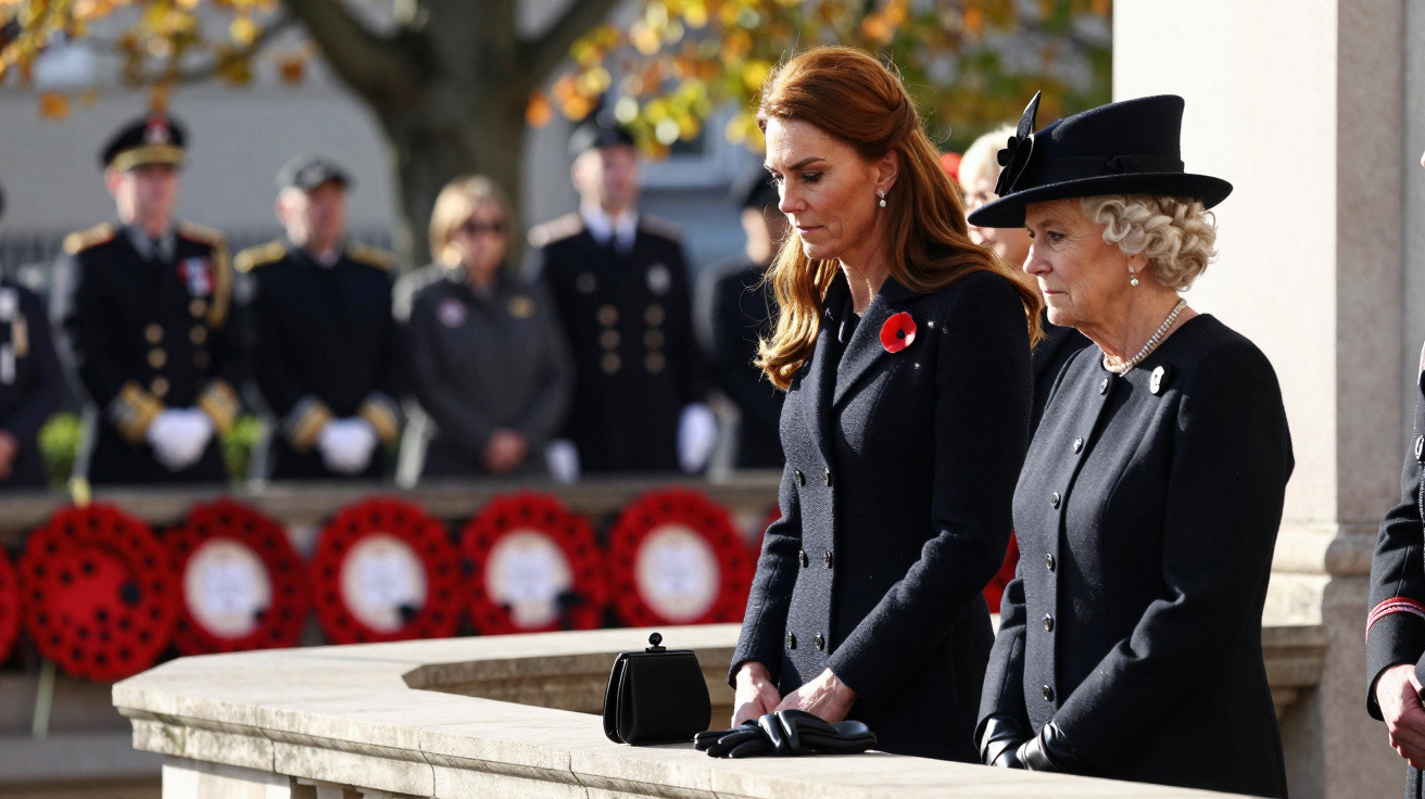 Duas mulheres vestidas de negro prestam homenagem em memorial com coroas de papoilas vermelhas ao fundo.