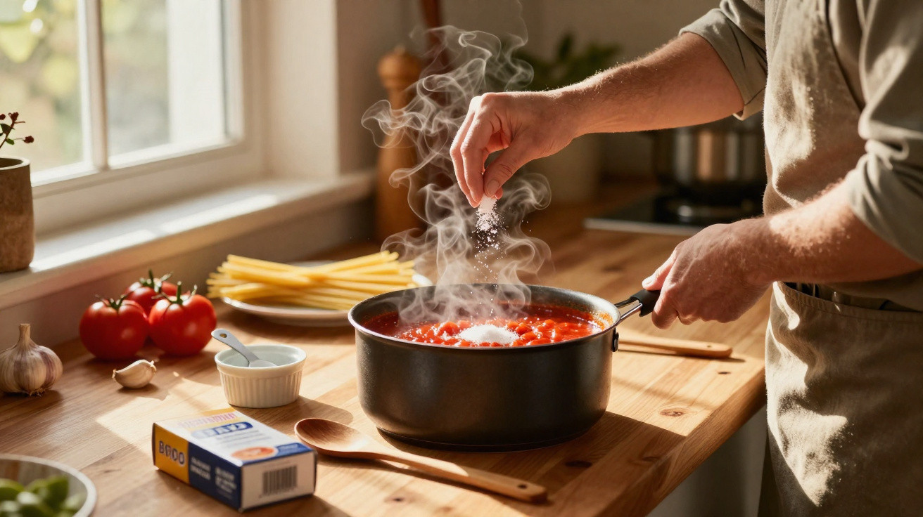 Pessoa a temperar molho de tomate a ferver numa panela numa cozinha iluminada por luz natural