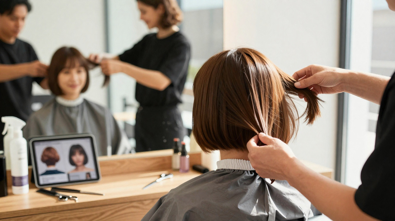 Cliente com capa cinzenta a experimentar corte de cabelo curto num salão, com tablet a mostrar o estilo desejado.