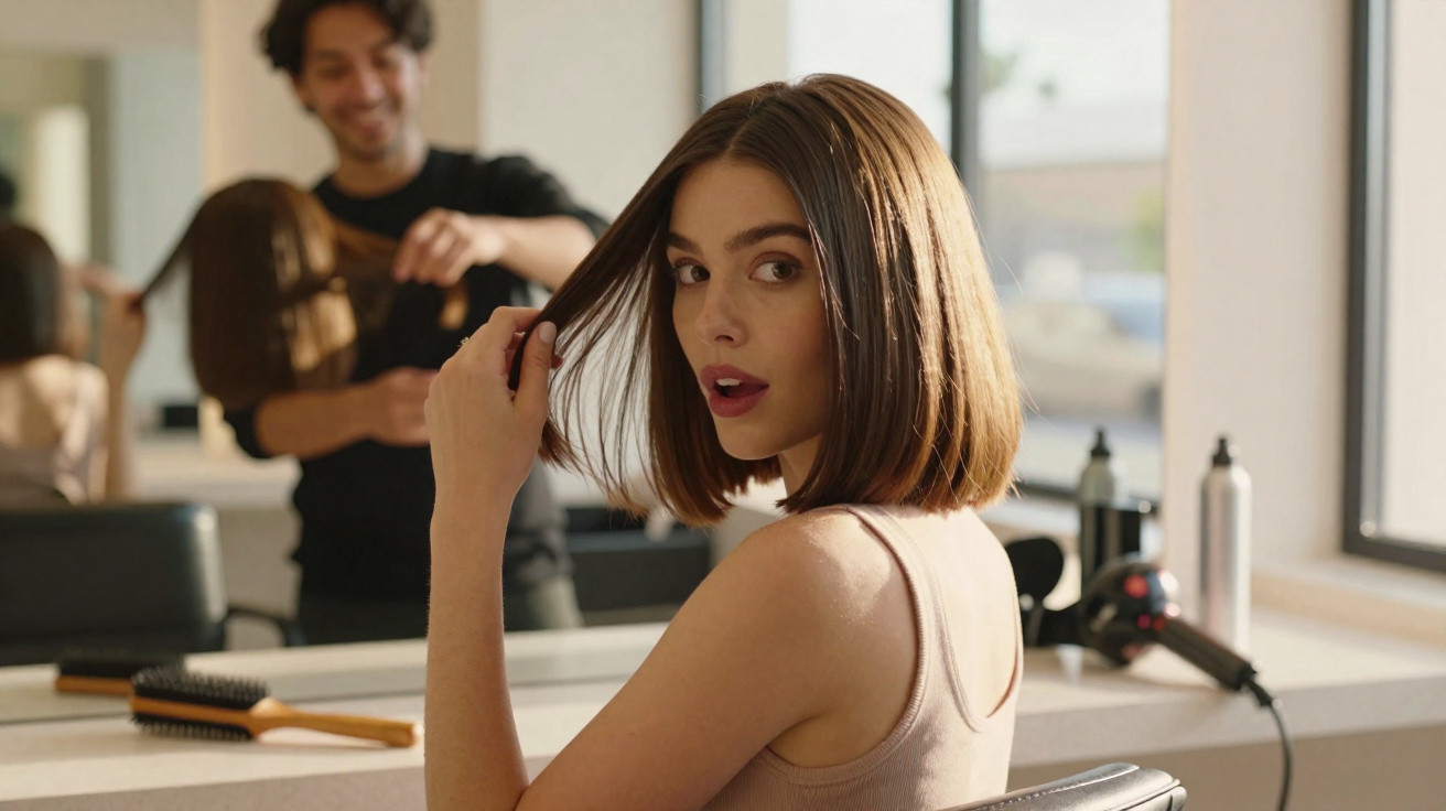 Mulher com cabelo castanho médio sendo arranjado por cabeleireiro num salão moderno e luminoso.
