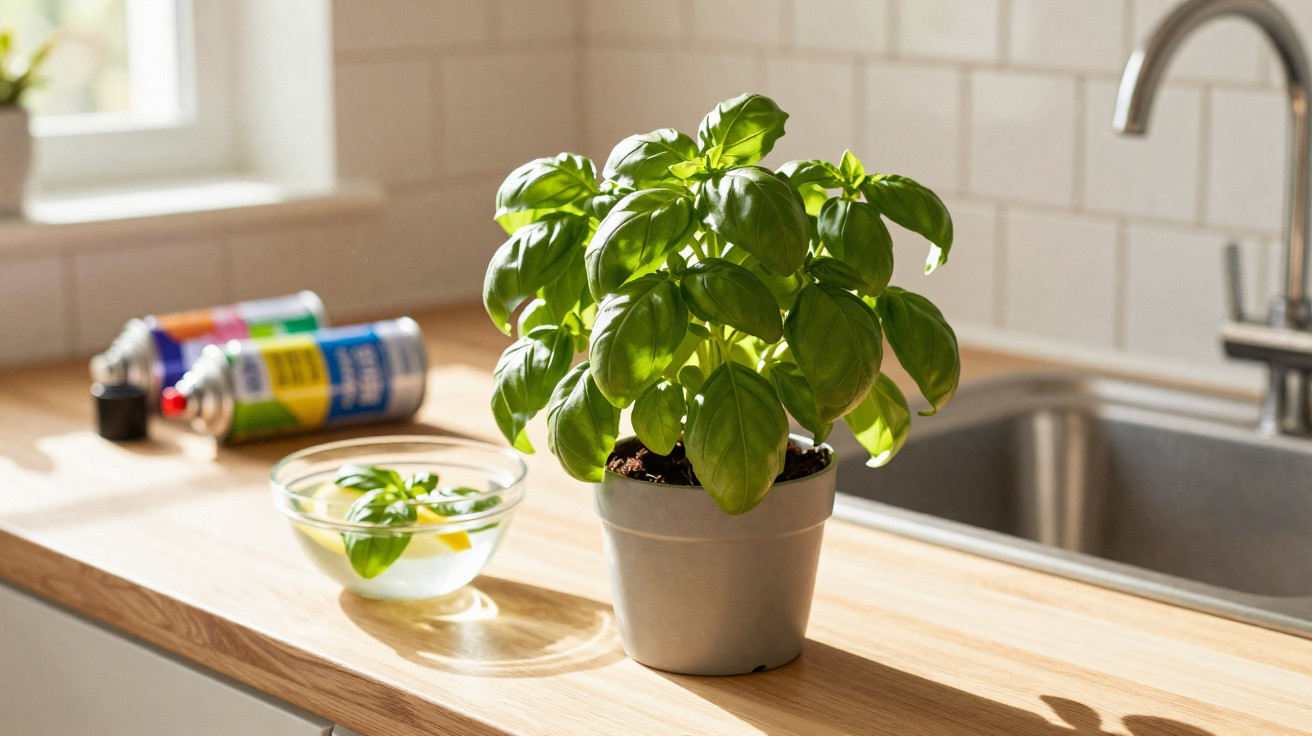 Planta de manjericão em vaso cinzento numa bancada de cozinha de madeira com janela e torneira ao fundo.