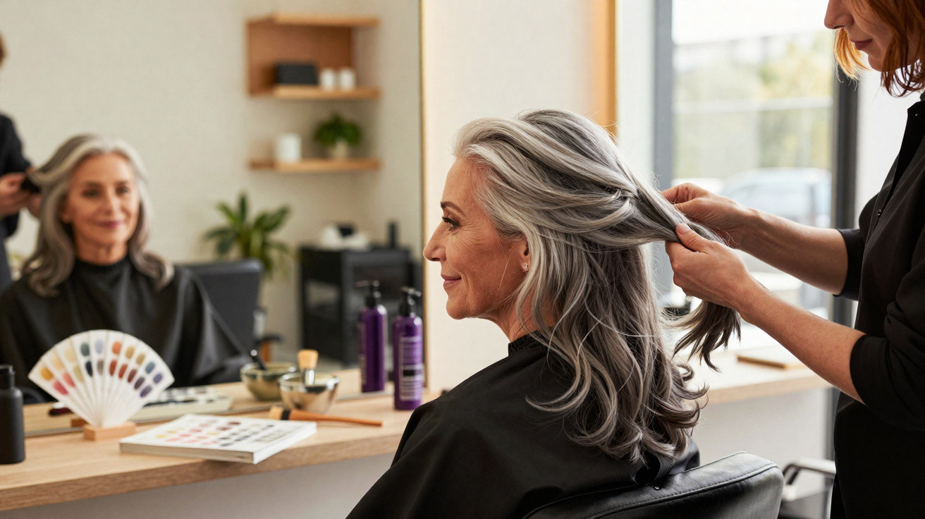 Mulher idosa com cabelo grisalho a ser penteada por cabeleireira num salão de beleza.