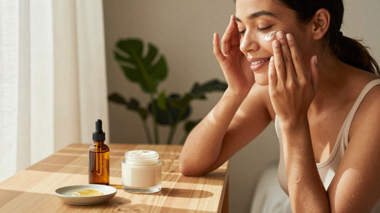 Mulher aplica creme hidratante no rosto sentada à mesa com frascos de cosméticos e luz natural.