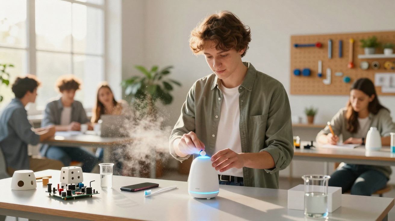 Jovem a usar um difusor de aroma numa sala de aula com colegas a estudar ao fundo.