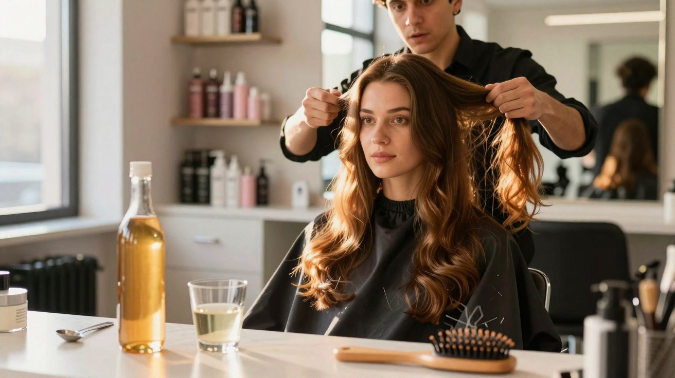 Cabeleireiro a pentear os cabelos longos e ondulados de uma mulher numa cadeira de salão.