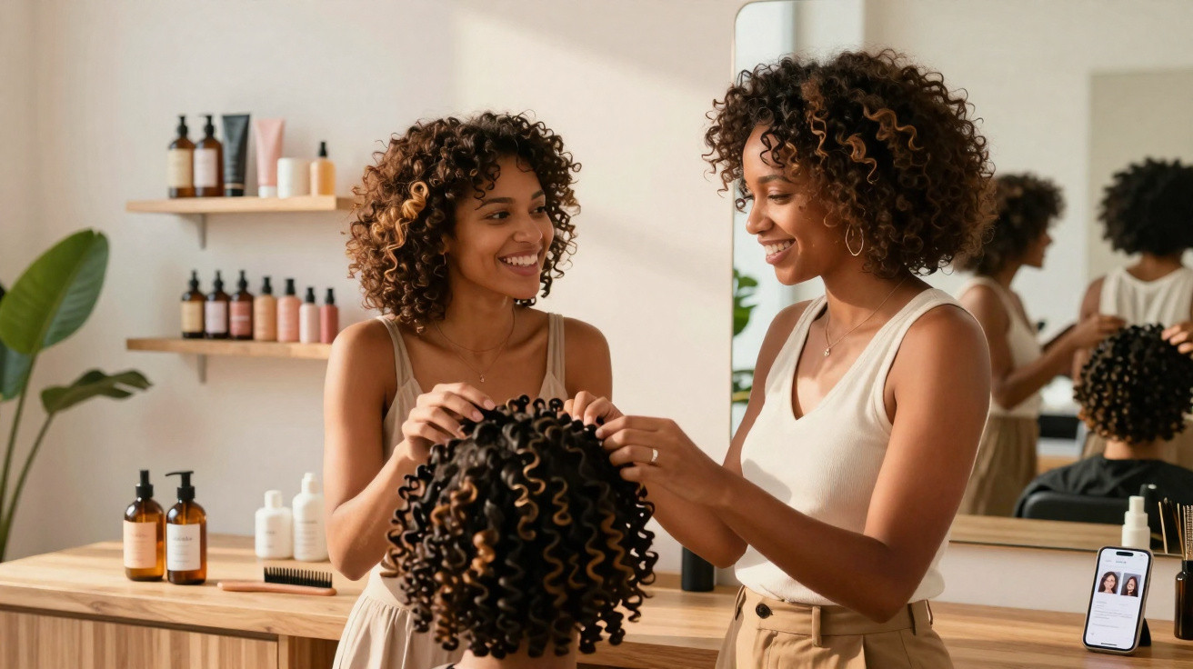 Mulher a arranjar cabelo crespo em manequim num salão moderno com produtos de cuidado capilar.