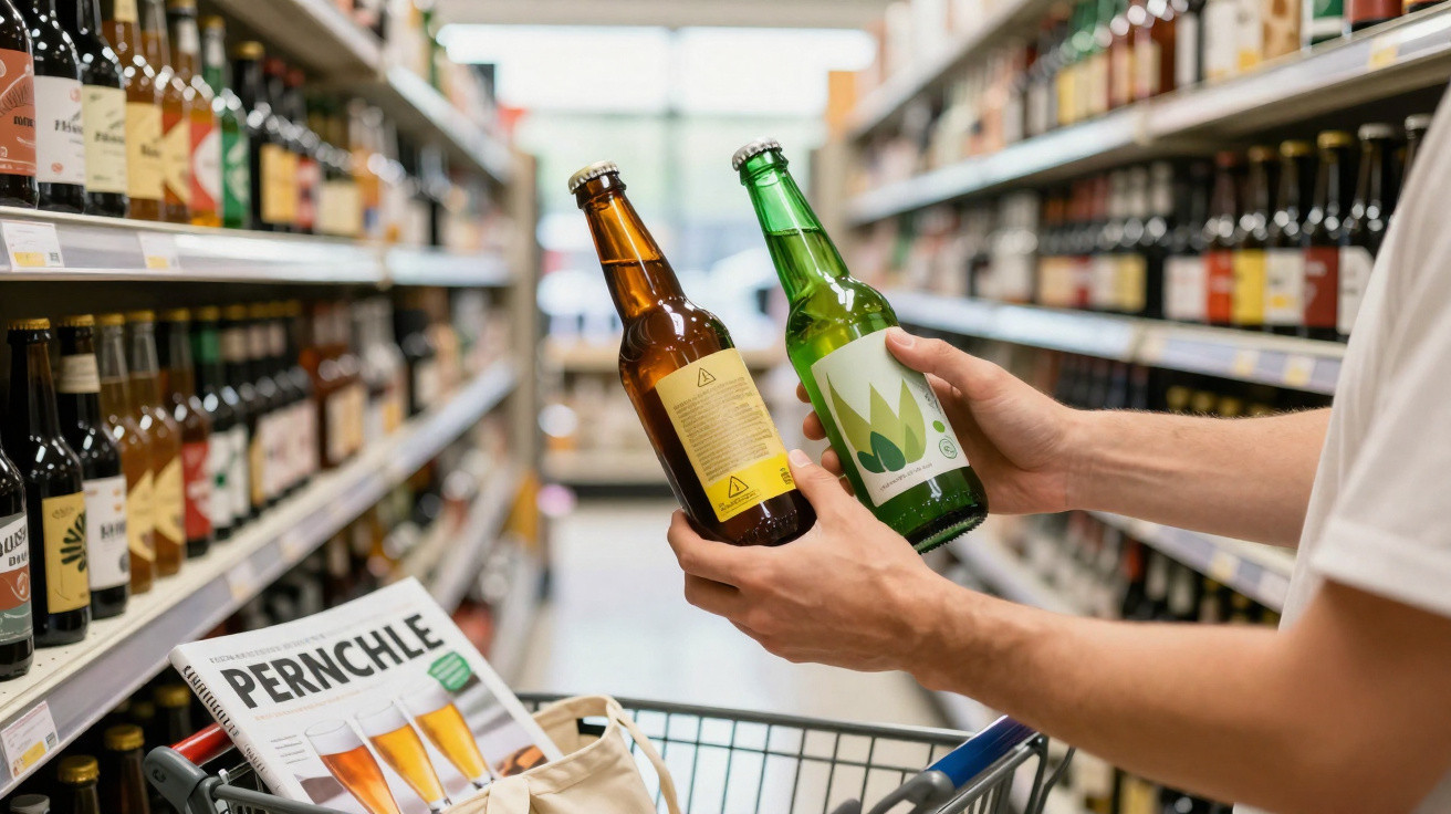 Pessoa a segurar duas garrafas de cerveja, escolhendo entre elas, num supermercado com prateleiras de bebidas.