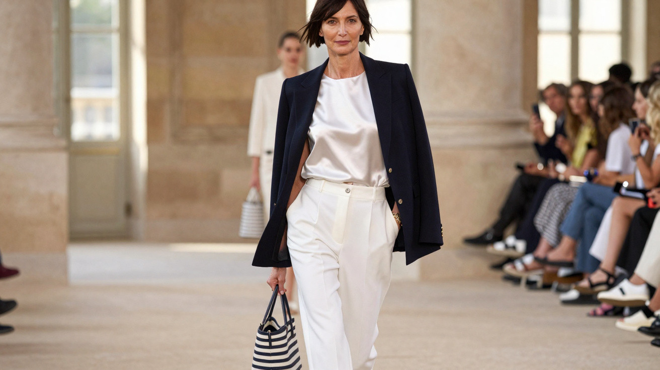 Mulher numa passerelle de moda com blazer azul, camisa branca de cetim e calças brancas, a carregar mala às riscas.