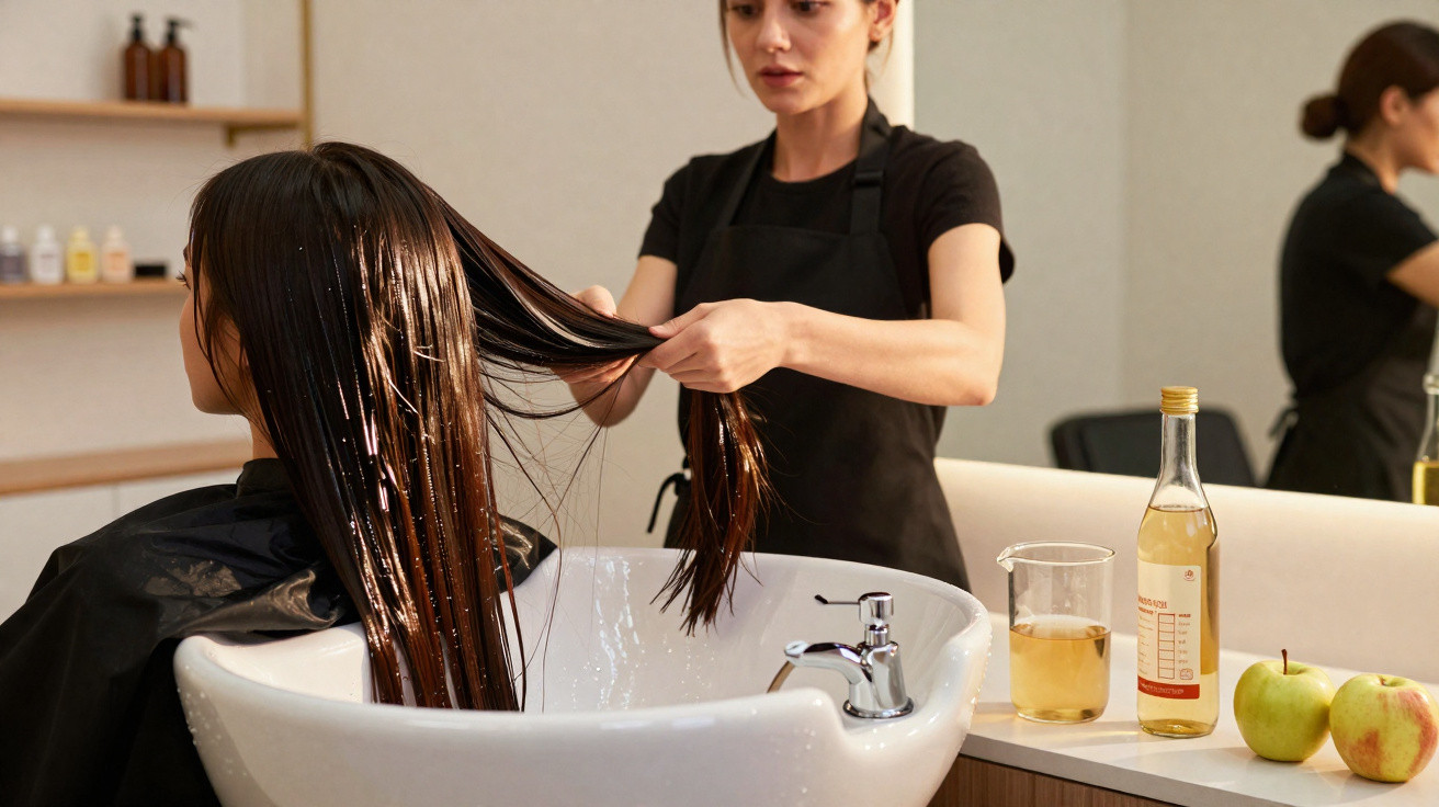 Profissional a lavar cabelo molhado de cliente num salão, com garrafa e maçãs ao lado.