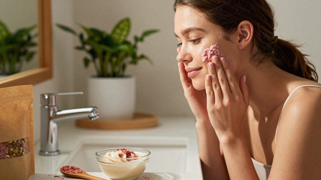 Mulher a aplicar esfoliante facial caseiro num banho luminoso com plantas e produtos naturais na bancada.