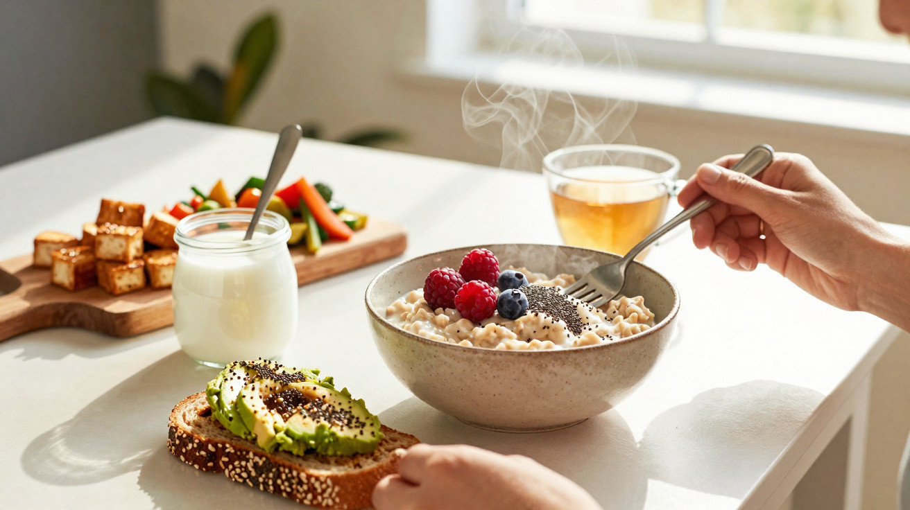 Pequeno-almoço saudável com aveia, frutos vermelhos, chá, iogurte, pão com abacate e legumes frescos.