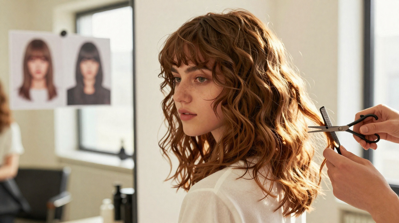 Mulher com cabelo ondulado castanho a receber corte de cabelo numa cabeleireira, num salão iluminado.