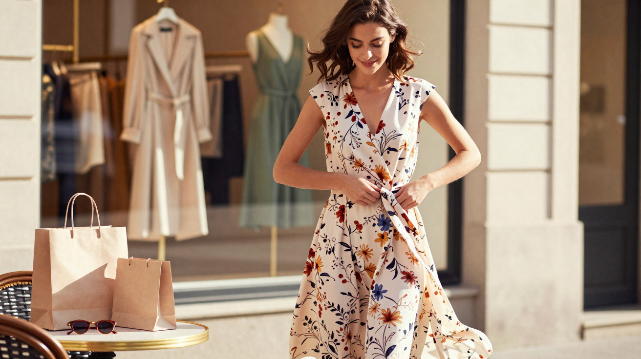 Mulher sorridente a ajustar vestido floral junto a montra de loja com sacos de compras numa mesa exterior.