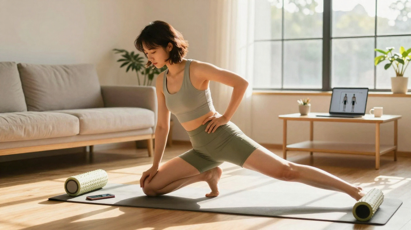 Mulher a fazer alongamentos num tapete de yoga numa sala iluminada e minimalista.