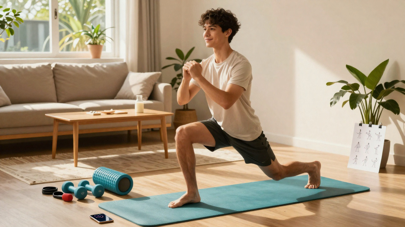 Jovem a fazer exercícios de alongamento numa sala iluminada e confortável com tapete de yoga.