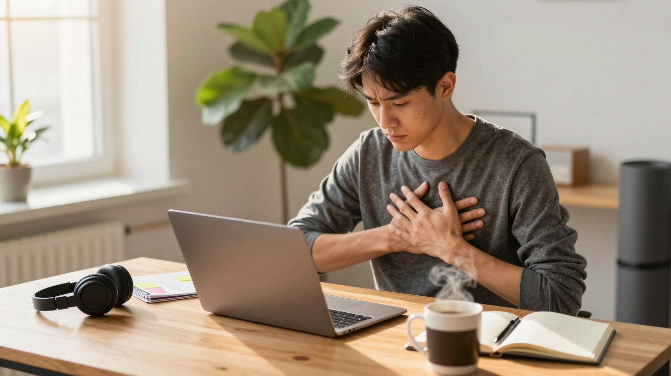 Jovem sentado à secretária com expressão de dor no peito, ao lado de laptop, caderno, chá e auscultadores.