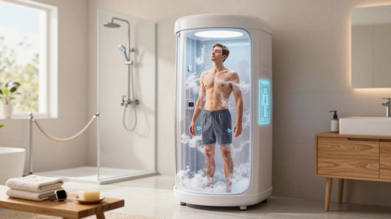 Homem a usar cabine de banho futurista com vapores num ambiente de casa de banho moderno.