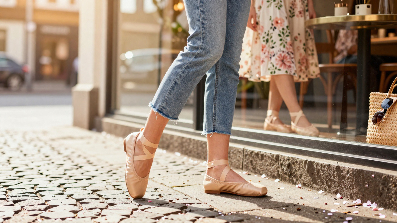 Pés de mulher com sapatilhas de balé e jeans em calçada junto a montra de loja numa rua urbana.