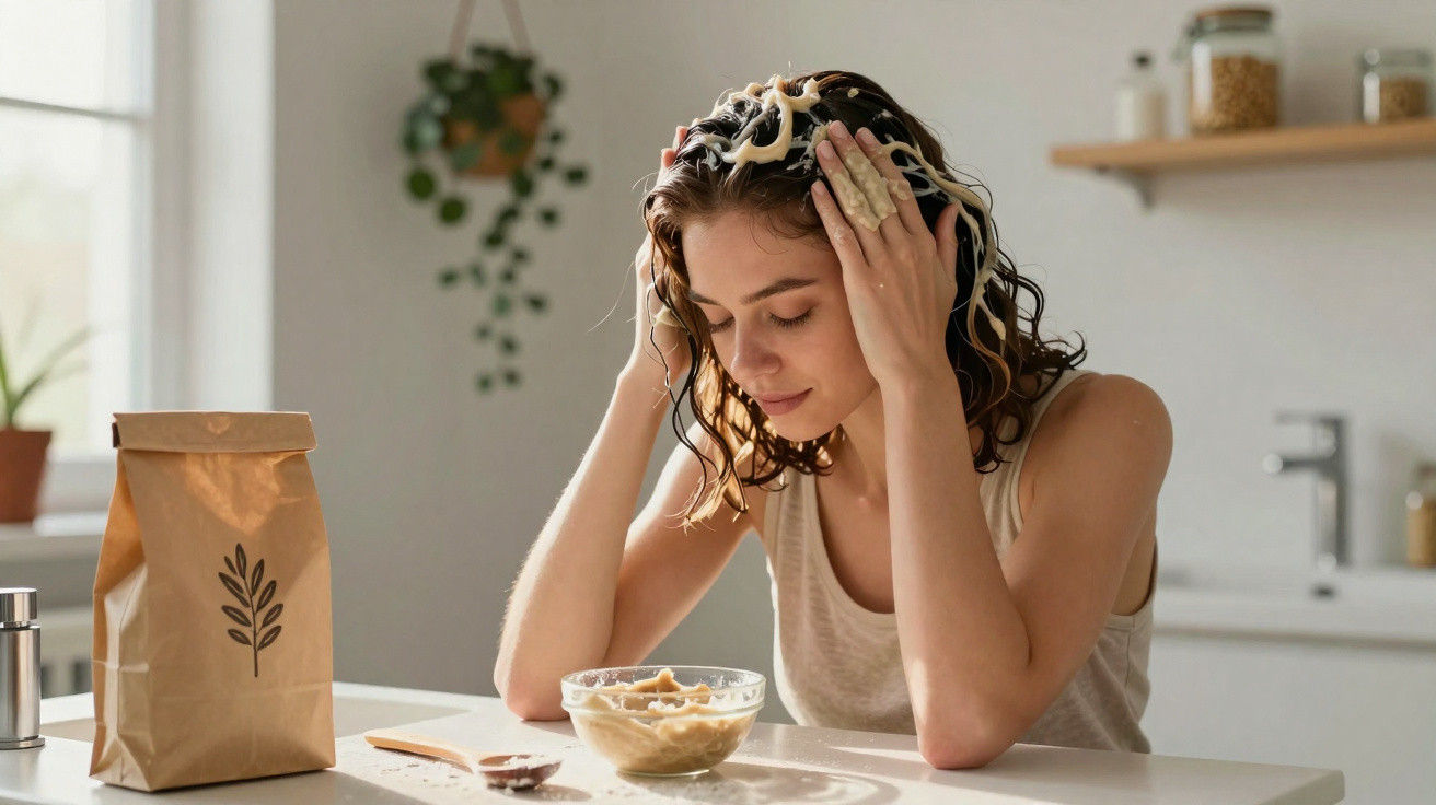 Mulher aplica máscara ou creme caseiro no cabelo na cozinha, com ingredientes naturais sobre a mesa.