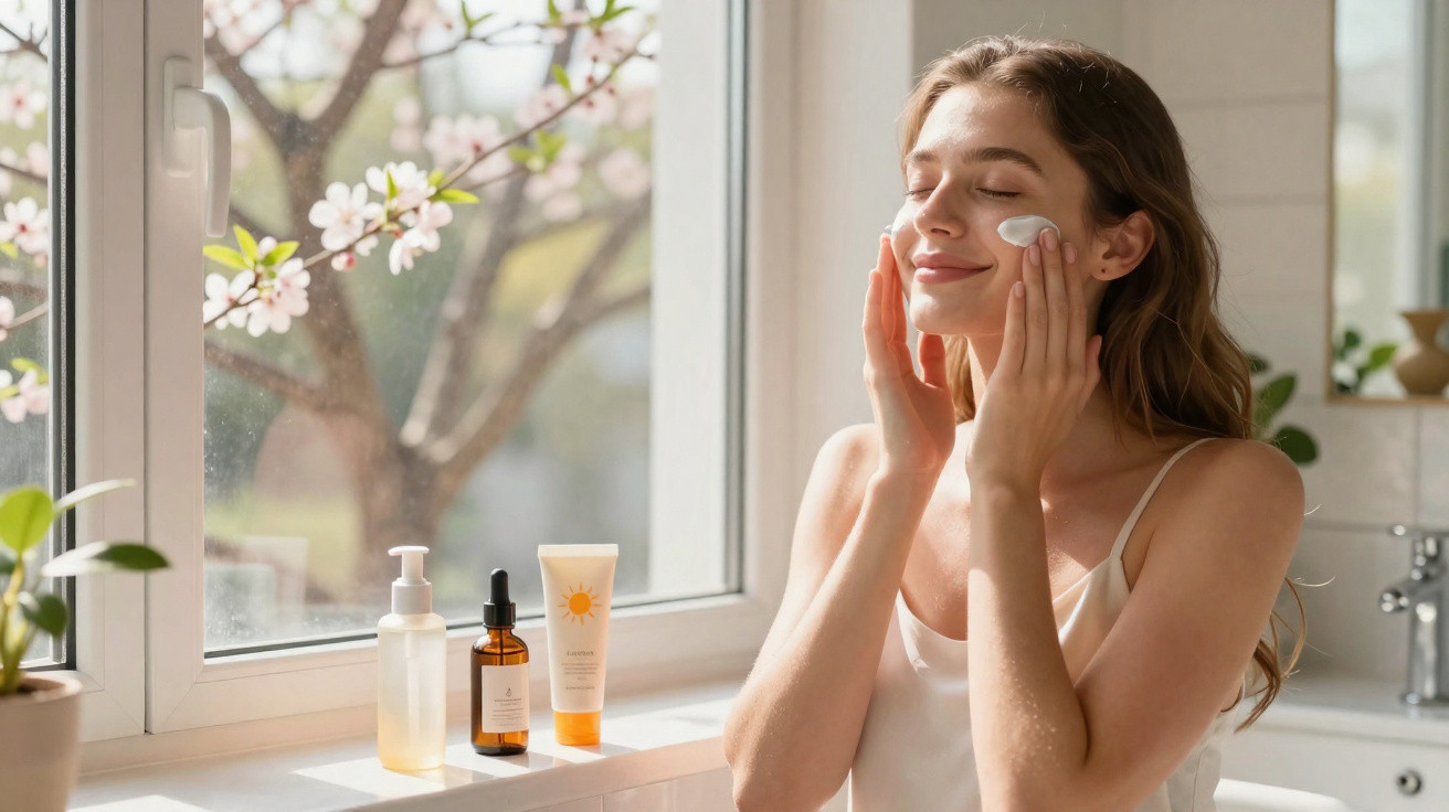 Mulher a aplicar creme facial junto a janela com produtos de cuidado da pele no parapeito.