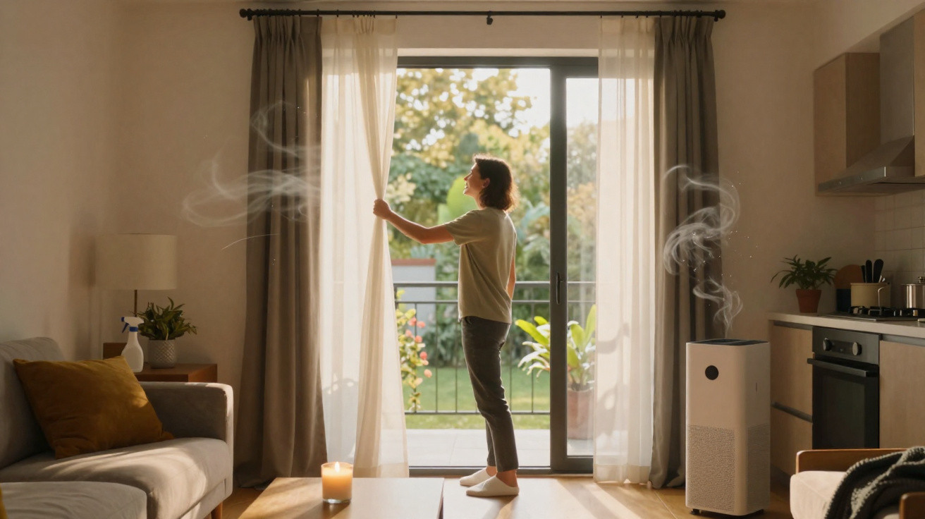 Pessoa abre cortinas numa sala luminosa com ar purificador ligado e jardim ao fundo.