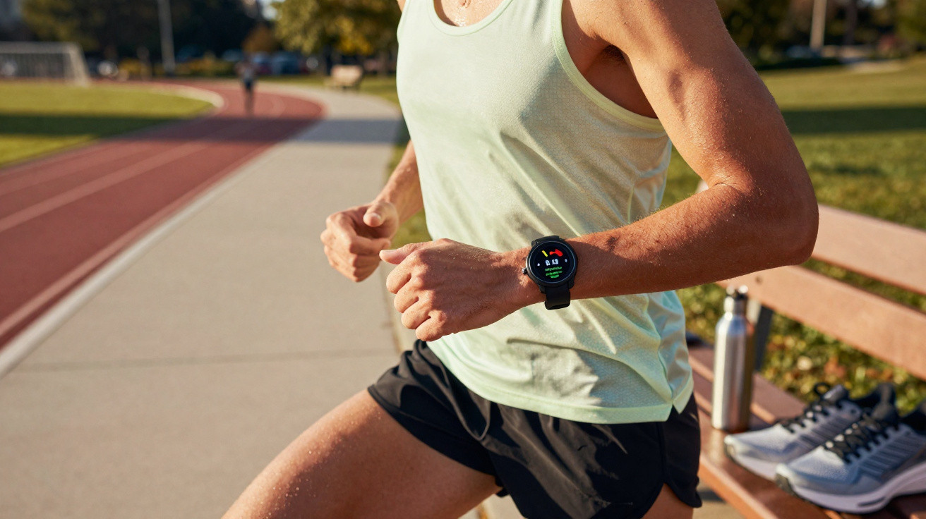 Pessoa a correr numa pista ao ar livre com relógio inteligente e roupa desportiva.