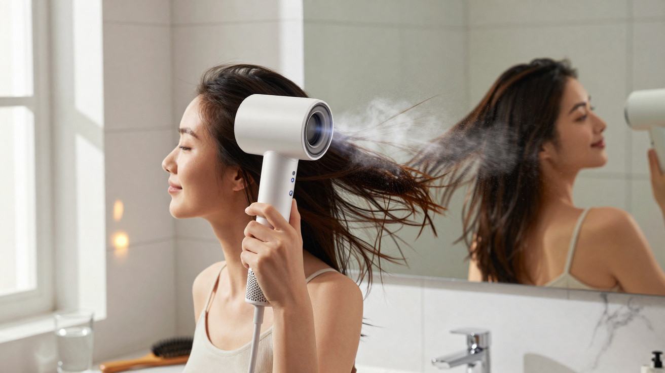 Mulher a secar o cabelo com secador branco numa casa de banho moderna com espelho ao fundo.