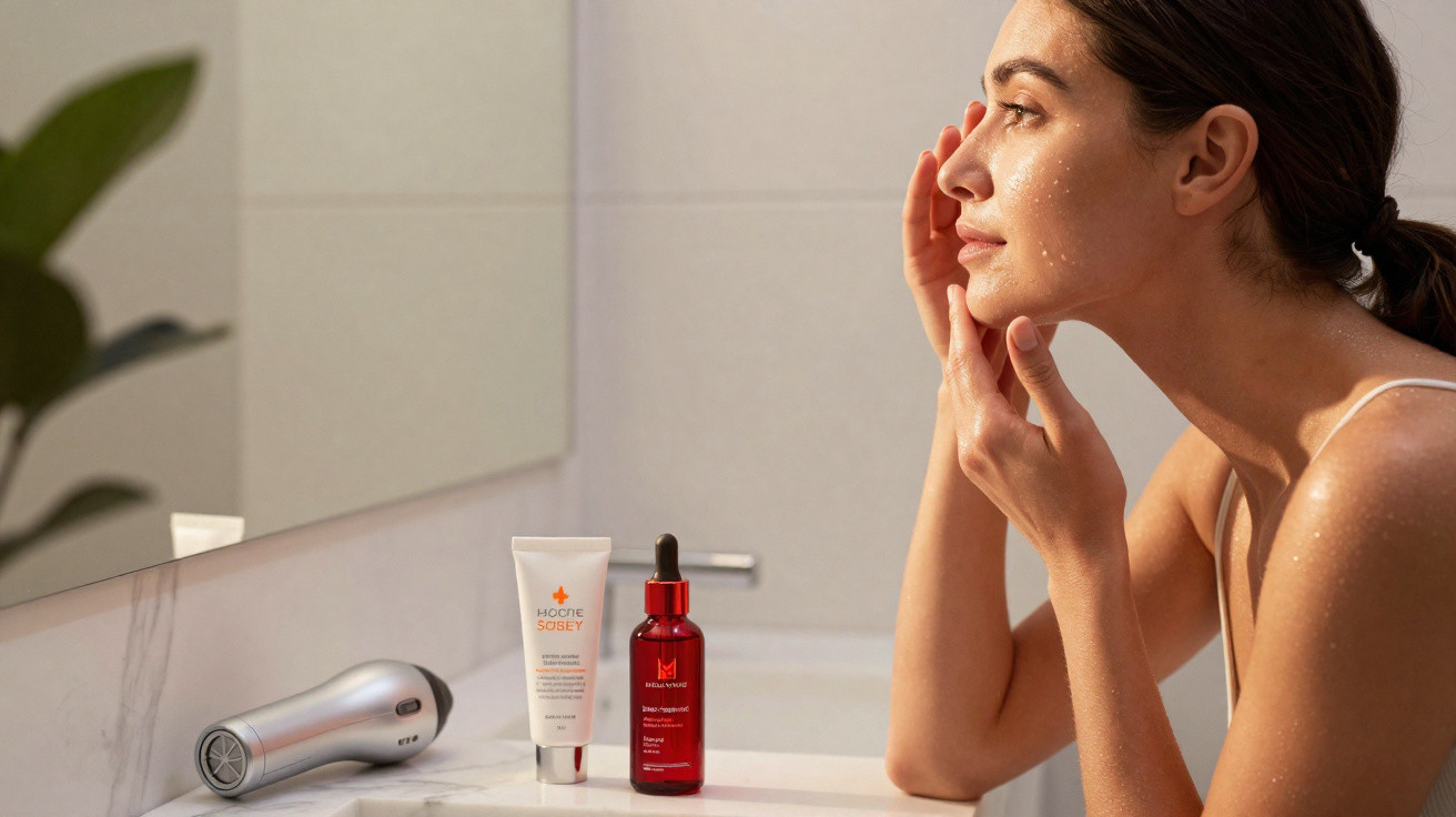 Mulher aplica creme facial junto a produtos de cuidado da pele numa casa de banho iluminada.