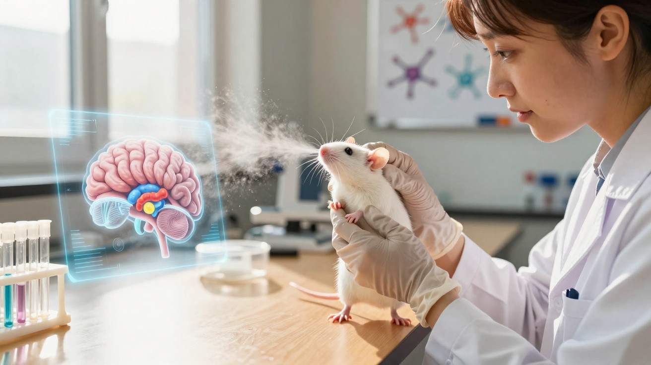 Cientista em laboratório segura rato branco para estudo neurológico com holograma do cérebro projetado à frente.