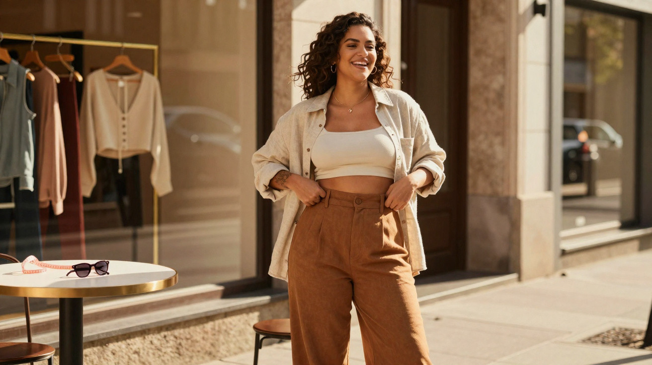Mulher sorridente com camisa aberta e top branco, calças castanhas na rua em dia ensolarado.