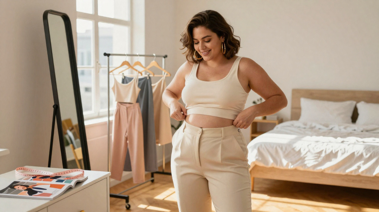 Mulher sorridente experimenta calças claras num quarto com espelho e cabide de roupa ao fundo.