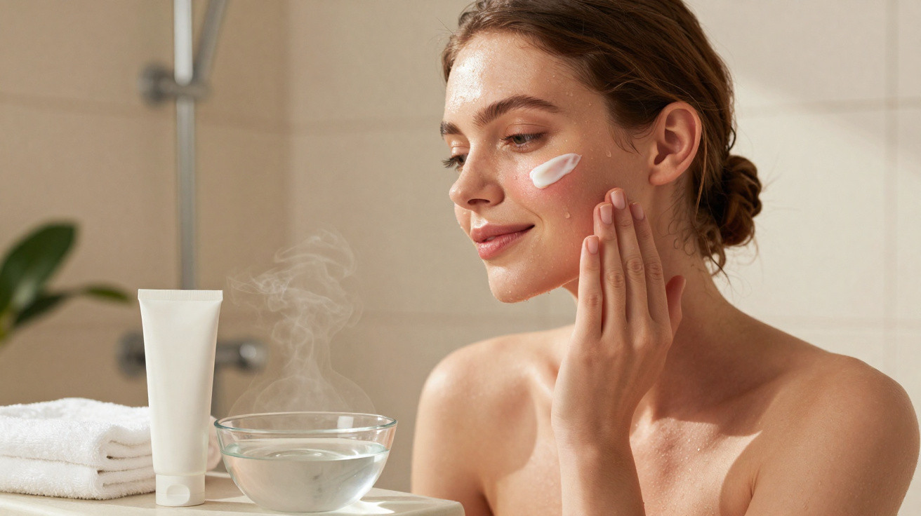 Mulher a aplicar creme facial numa bochecha, com vapor de água em tigela e toalhas ao lado no banheiro.