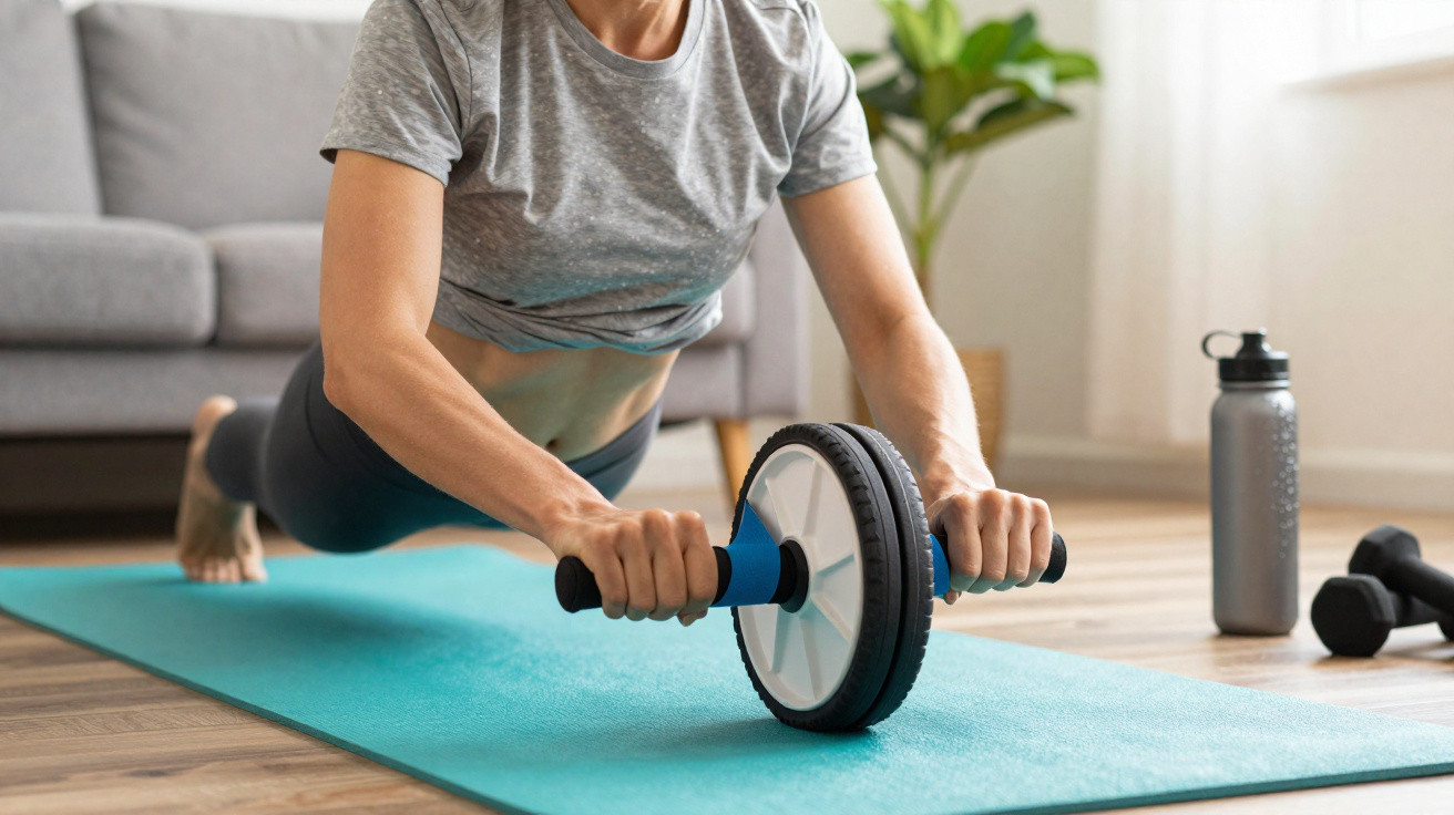 Pessoa a fazer exercício com roda de abdominal numa sala de estar, tapete azul e halteres no chão.