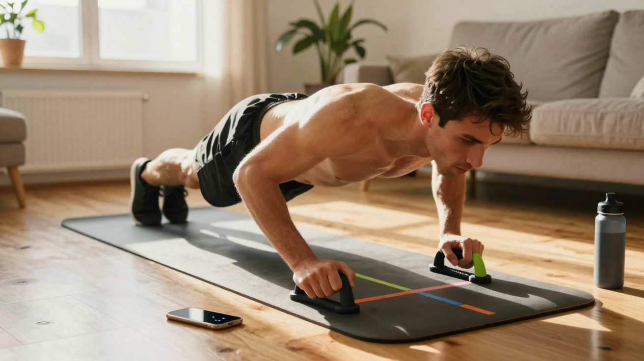 Homem jovem a fazer flexões com apoio de mão numa esteira de exercício em casa.