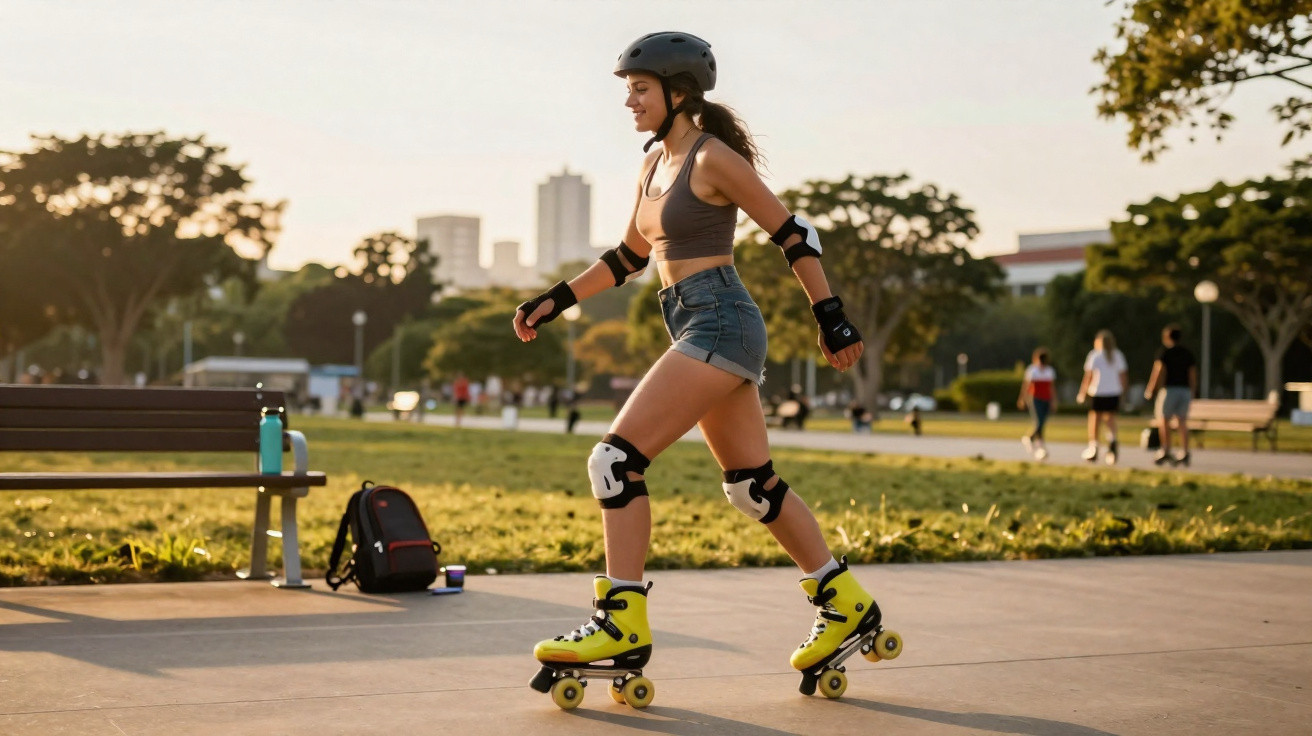 Jovem a patinar com fato casual e equipamento de proteção num parque ensolarado com outras pessoas ao fundo.