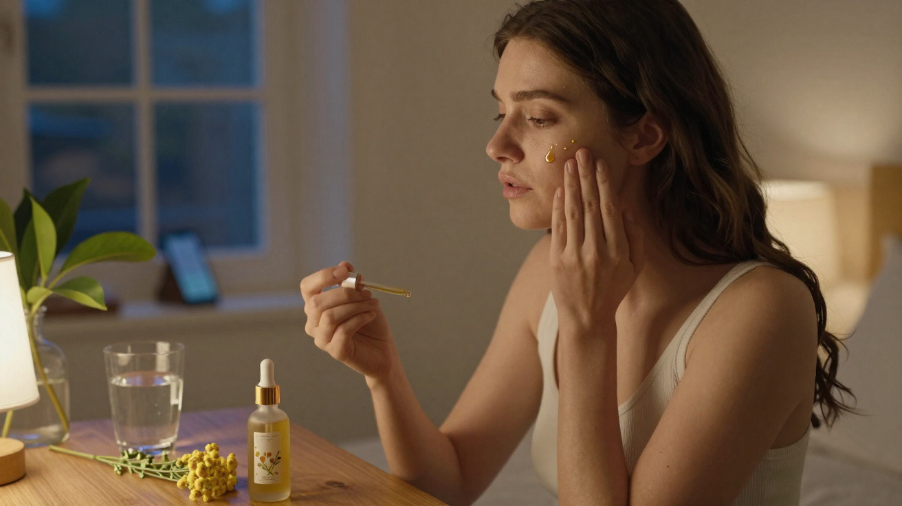 Mulher aplica sérum facial com conta-gotas sentada à mesa num ambiente calmo e iluminado.