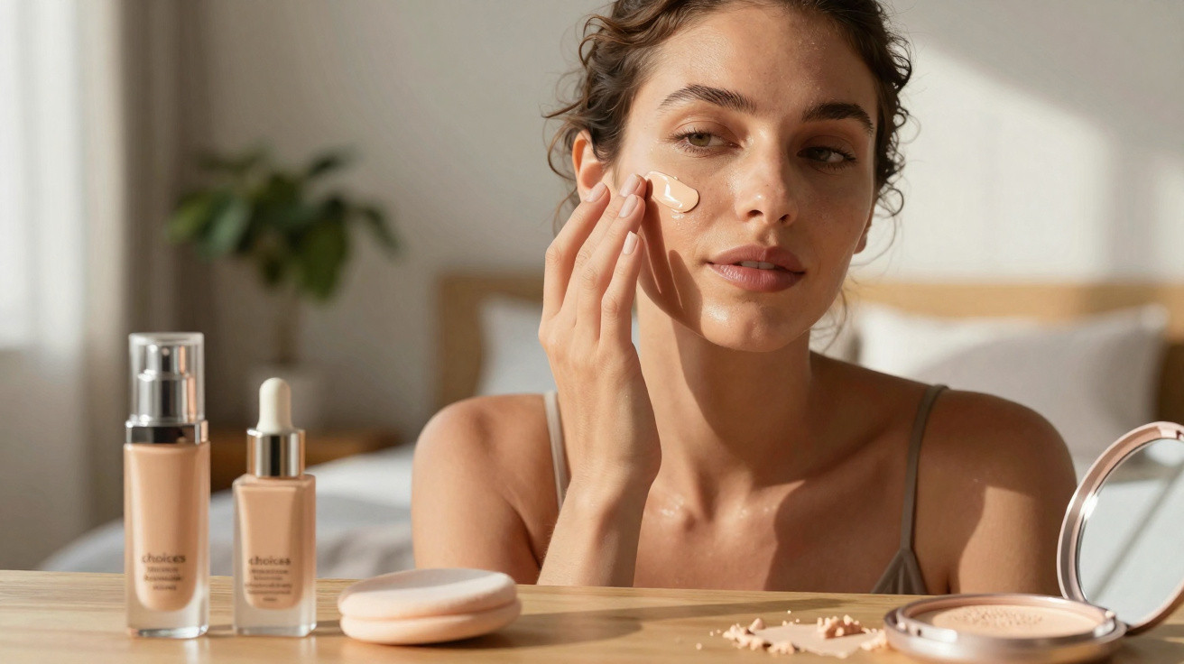 Mulher a aplicar creme no rosto com produtos de beleza sobre uma mesa iluminada por luz natural.