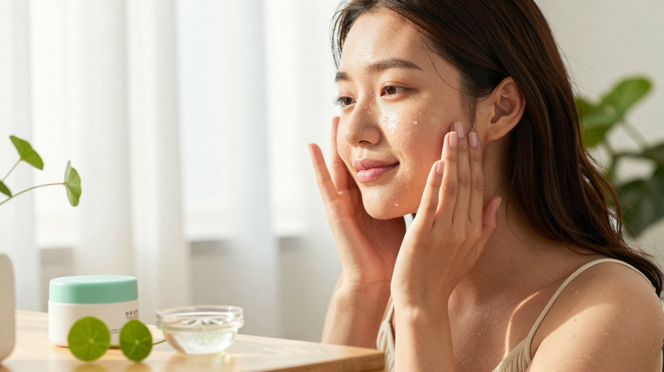 Mulher aplica creme hidratante no rosto sentada junto a uma mesa com produtos de beleza.