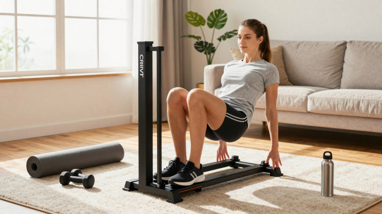 Mulher a fazer exercícios com equipamento fitness em casa, rodeada por tapete, halteres, tapete de yoga e garrafa.