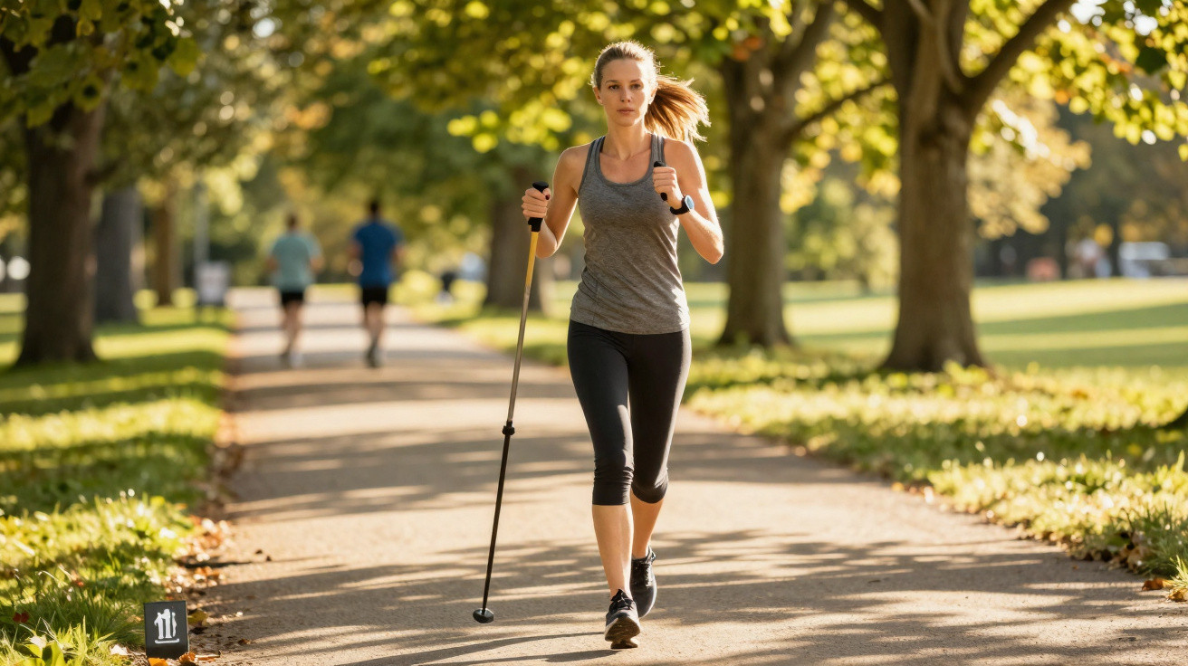 Mulher a correr com bastões de caminhada rápida num parque com árvores e sol da manhã.