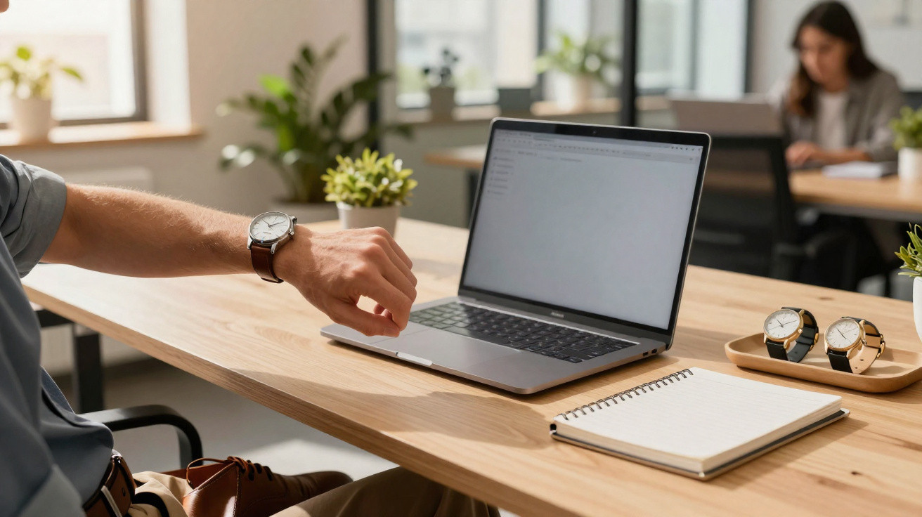 Pessoa a usar computador portátil num escritório com agenda, relógios e plantas na mesa.
