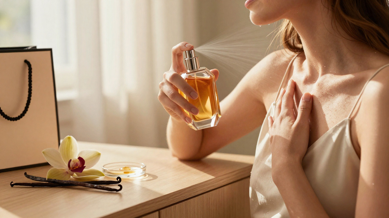 Mulher a pulverizar perfume no pescoço, ao lado de uma mesa com flor e vagens de baunilha.