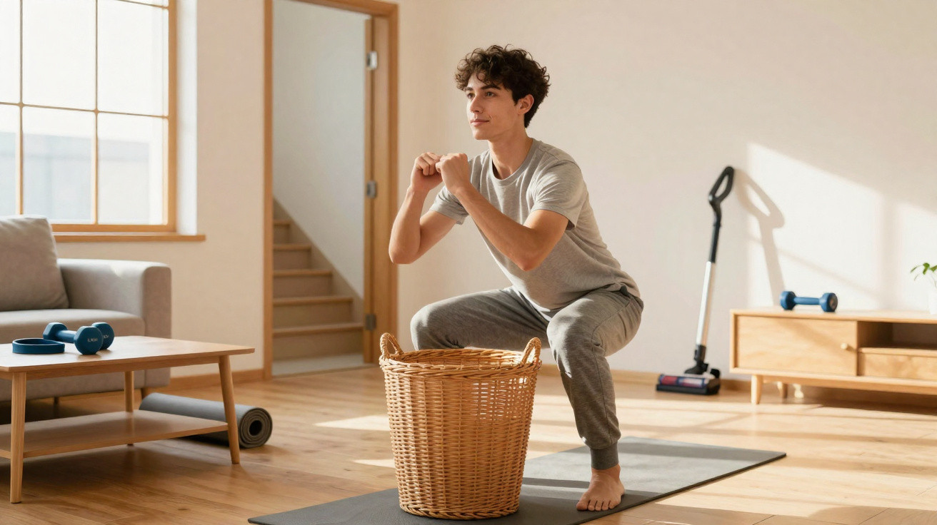 Homem a fazer agachamentos em casa com cesto de verga numa sala com luz natural e equipamento de fitness.