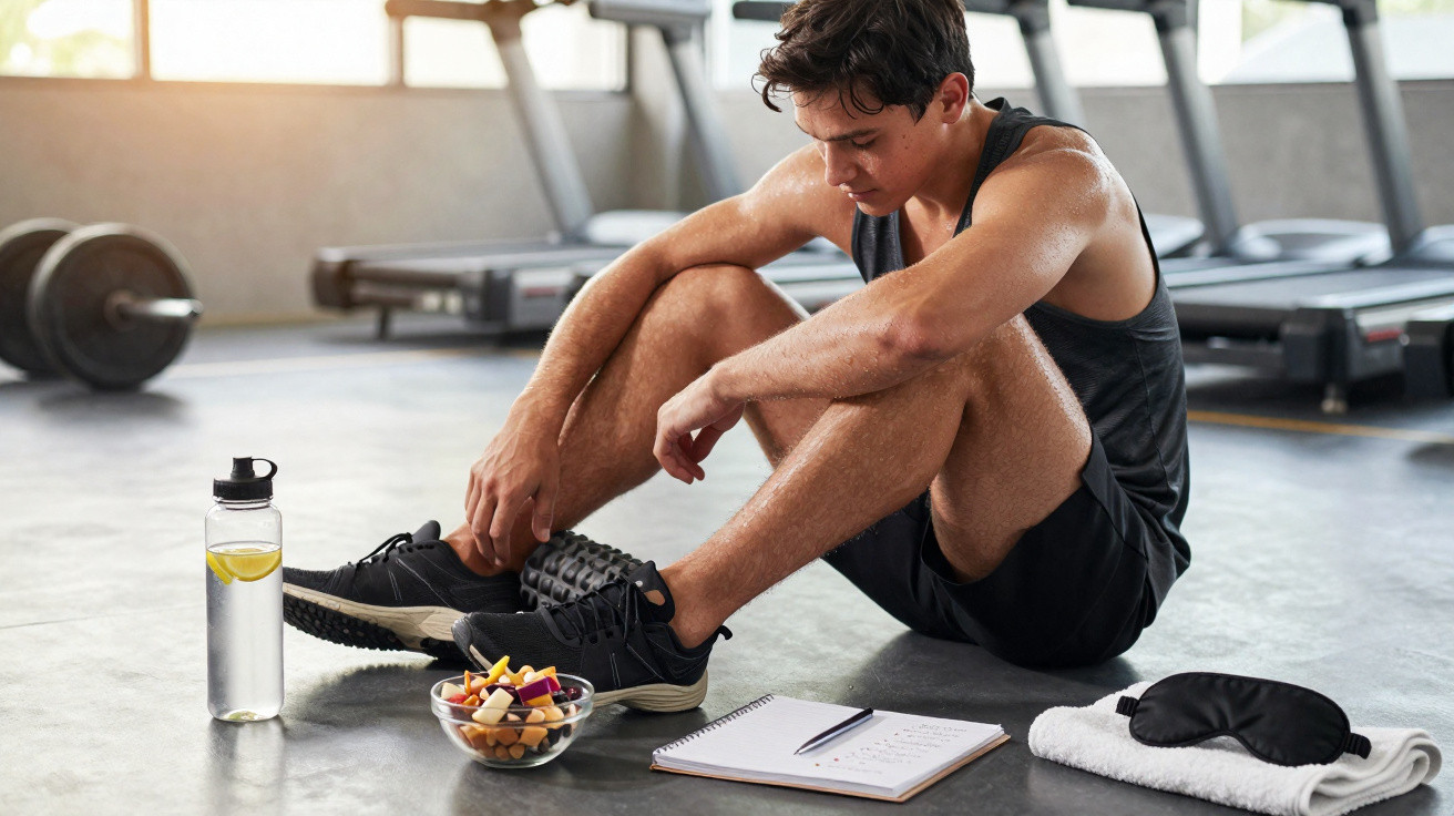 Homem sentado no chão da academia, rodeado por bebida, lanche, caderno, toalha e máscara de descanso.
